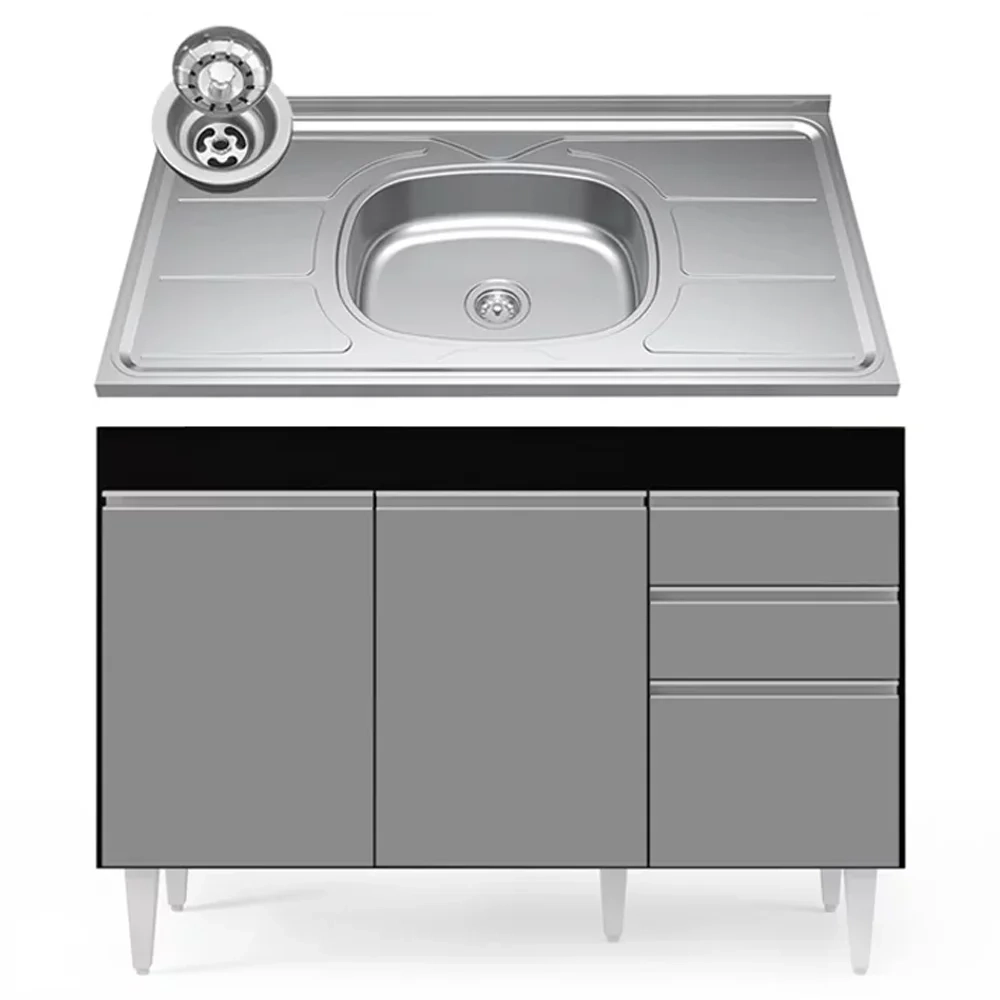 Balcão Gabinete com Pia Inox 120cm Michigan Preto/Cinza - Lumil