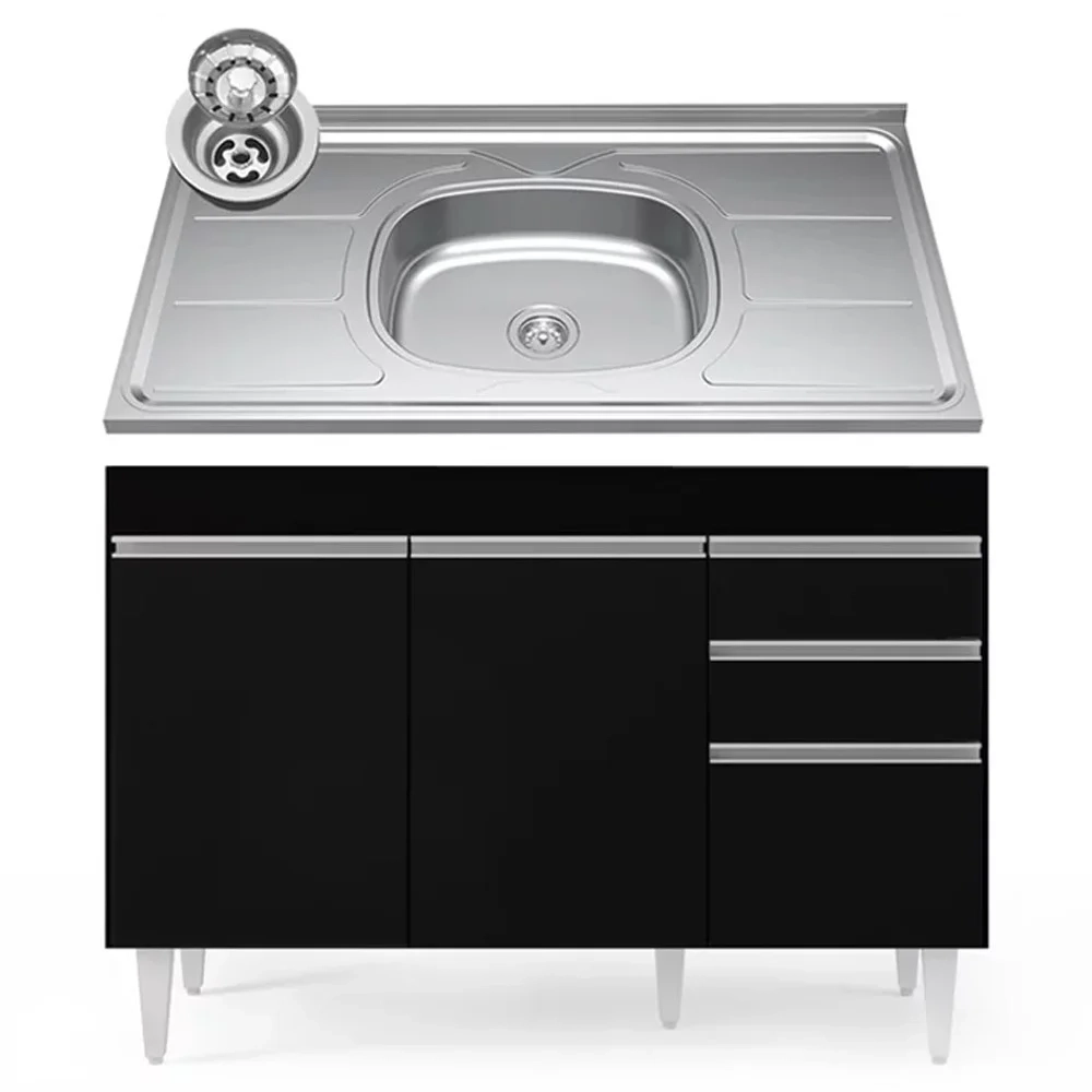Balcão Gabinete com Pia Inox 120cm Michigan Preto - Lumil