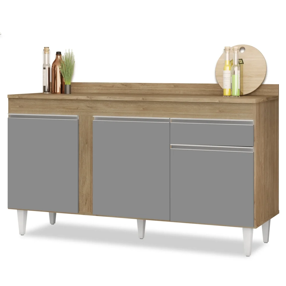 Balcão Gabinete para Pia com Tampo 150cm 3 Portas 1 Gaveta Dakota Castanho/Cinza - Lumil