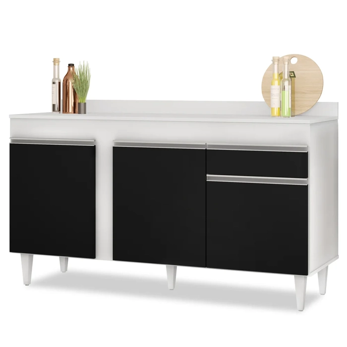 Balcão Gabinete para Pia com Tampo 150cm 3 Portas 1 Gaveta Dakota Branco/Preto - Lumil