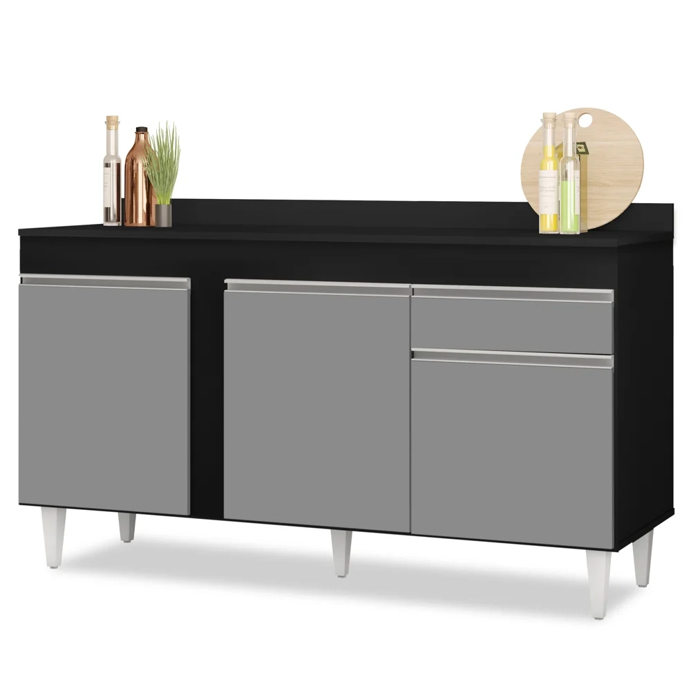 Balcão Gabinete para Pia com Tampo 150cm 3 Portas 1 Gaveta Dakota Preto/Cinza - Lumil