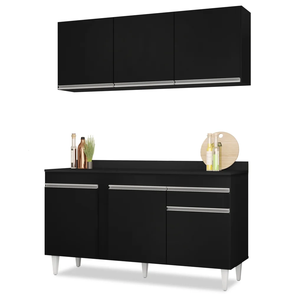 Armário Aéreo Argélia e Balcão Gabinete Para Pia com Tampo 150cm Dakota Preto - Lumil