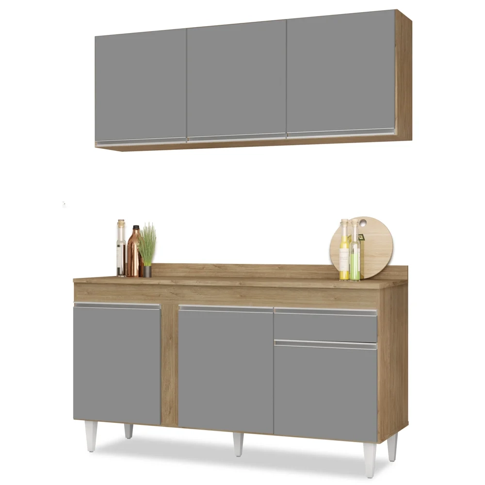 Armário Aéreo Argélia e Balcão Gabinete Para Pia com Tampo 150cm Dakota Castanho/Cinza - Lumil