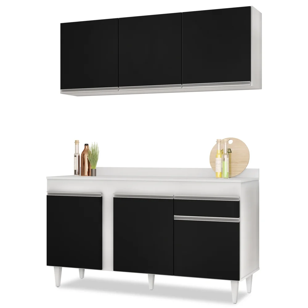 Armário Aéreo Argélia e Balcão Gabinete Para Pia com Tampo 150cm Dakota Branco/Preto- Lumil