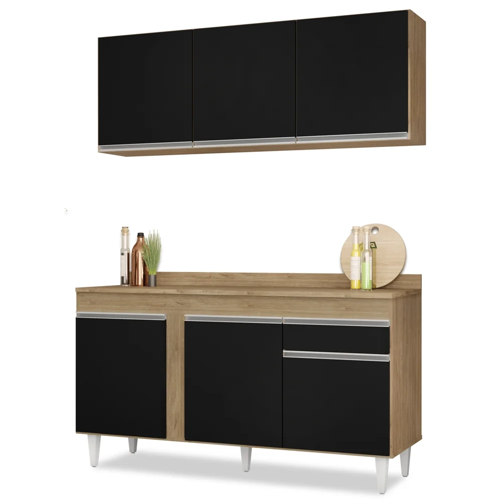 Armário Aéreo Argélia e Balcão Gabinete Para Pia com Tampo 150cm Dakota Castanho/Preto - Lumil