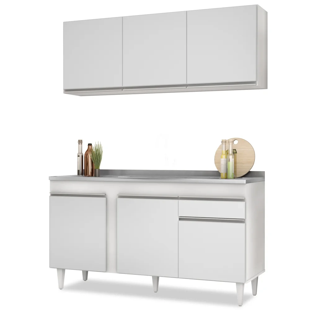Armário Aéreo Argélia e Balcão Gabinete com Pia Inox 150cm Dakota Branco - Lumil