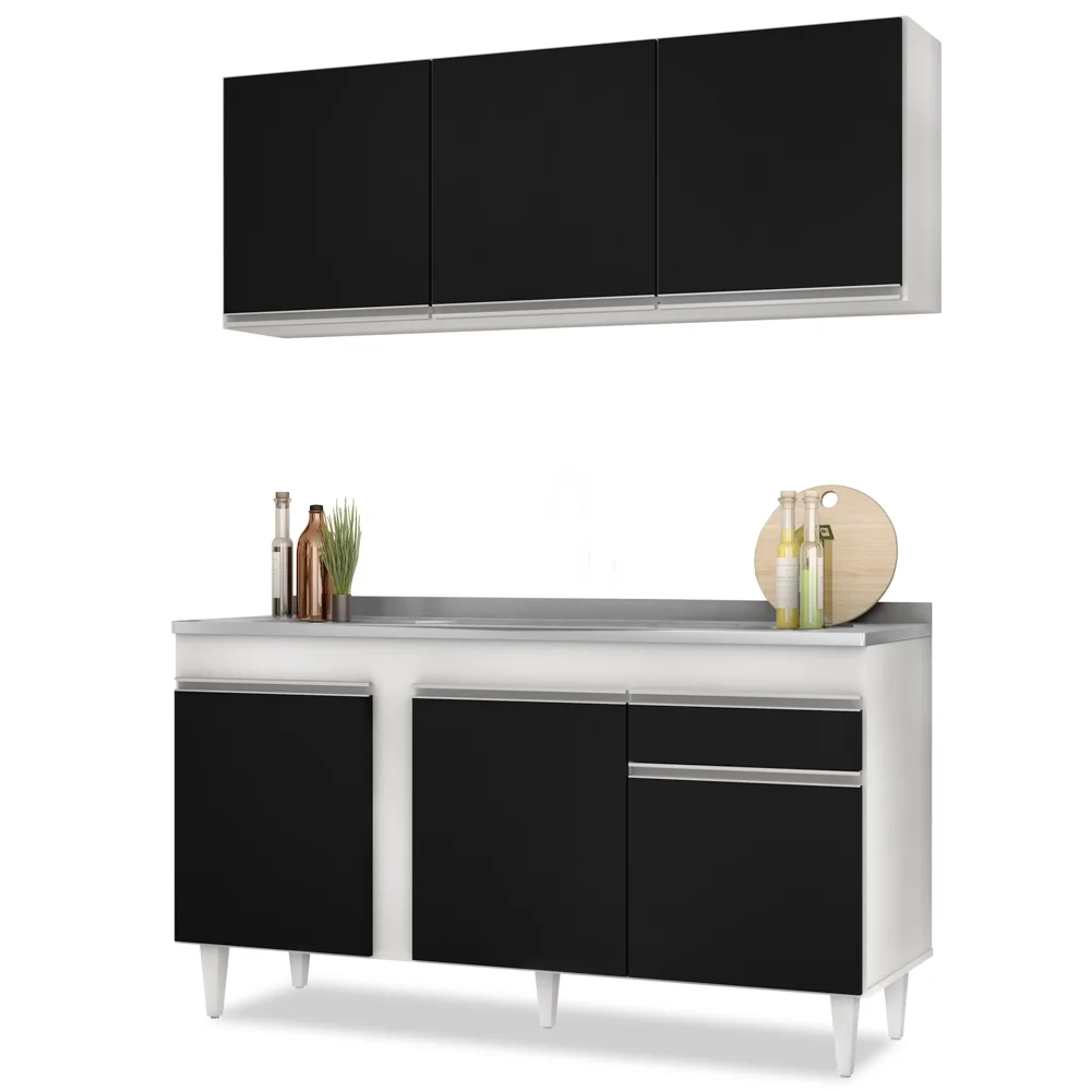 Armário Aéreo Argélia e Balcão Gabinete com Pia Inox 150cm Dakota Branco/Preto - Lumil