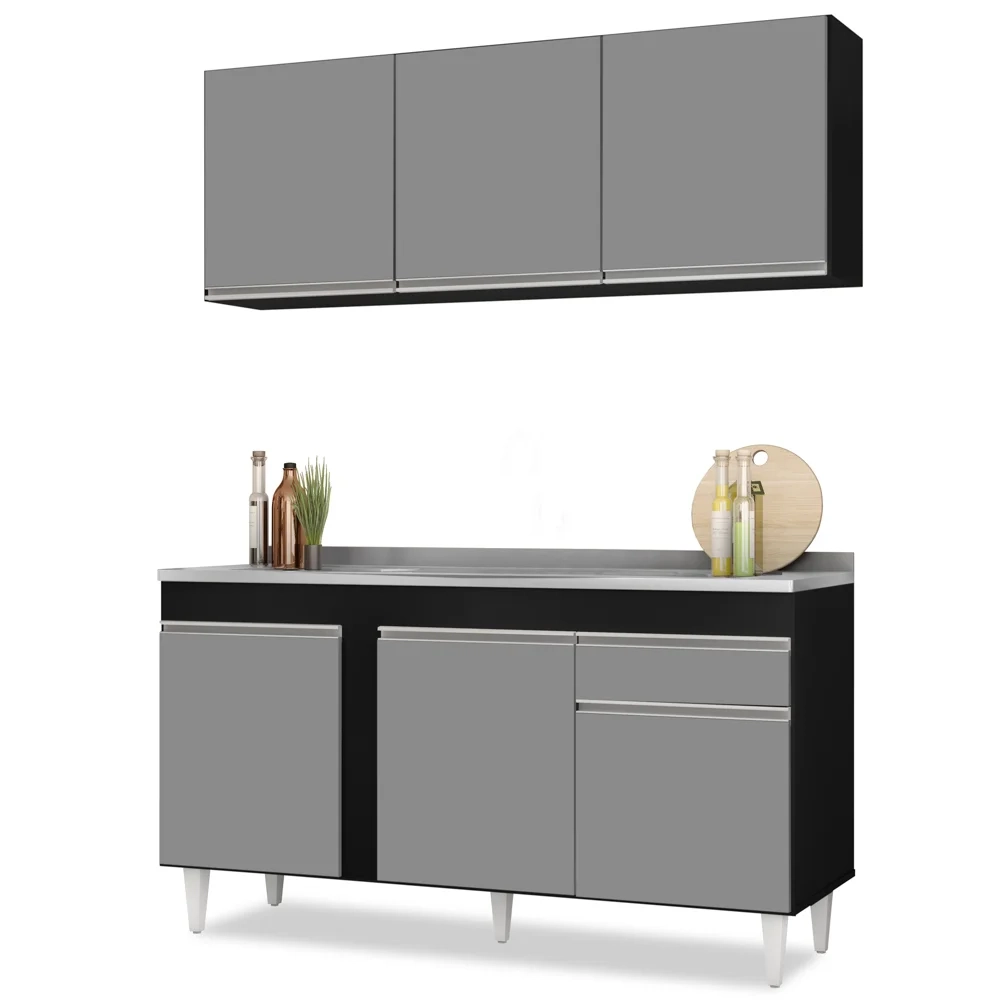 Armário Aéreo Argélia e Balcão Gabinete com Pia Inox 150cm Dakota Preto/Cinza - Lumil