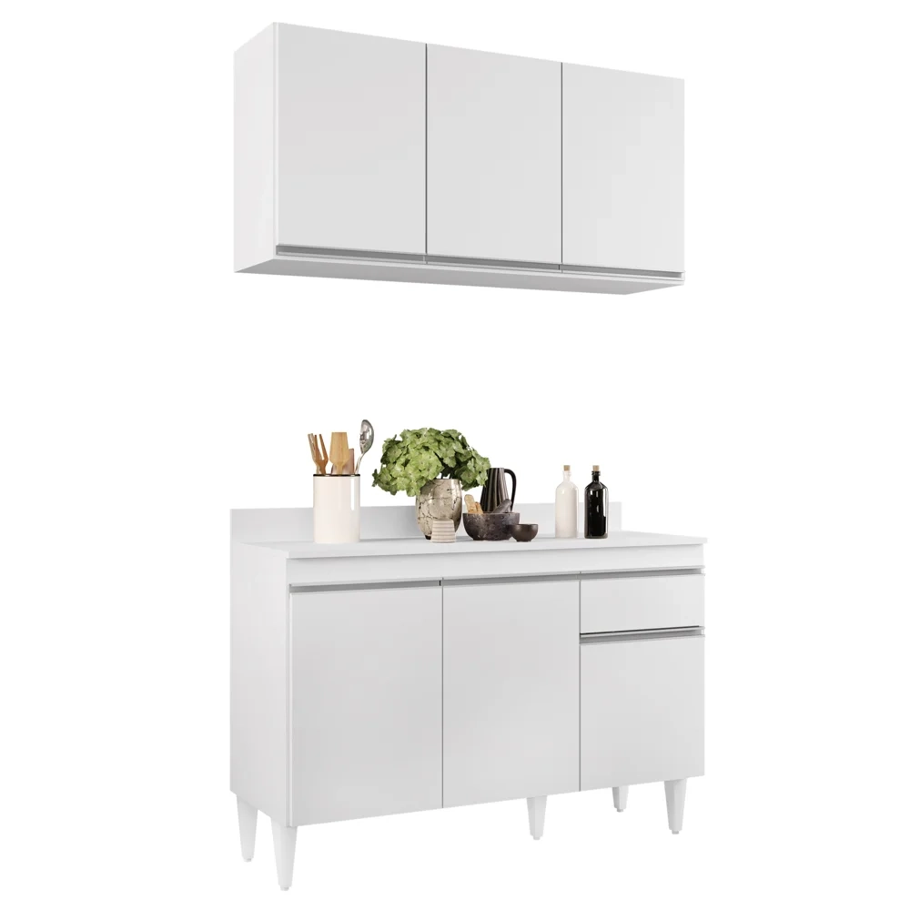 Armário Aéreo Virgínia e Balcão com Tampo 120cm Arizona Branco - Lumil