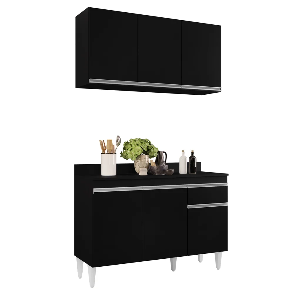 Armário Aéreo Virgínia e Balcão com Tampo 120cm Arizona Preto - Lumil