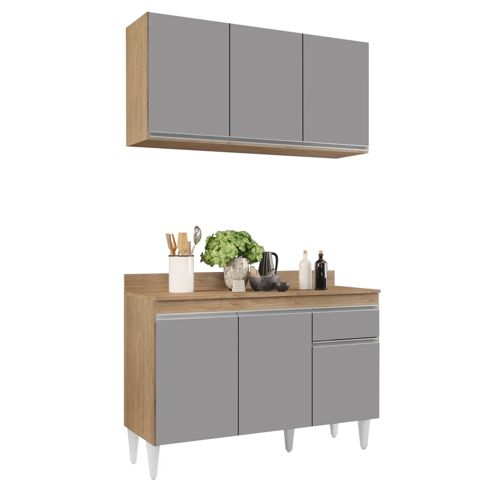 Armário Aéreo Virgínia e Balcão com Tampo 120cm Arizona Castanho/Cinza - Lumil