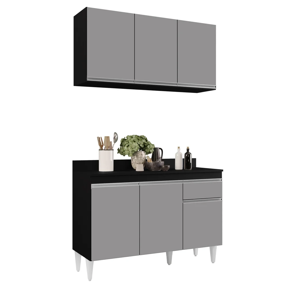 Armário Aéreo Virgínia e Balcão com Tampo 120cm Arizona Preto/Cinza - Lumil