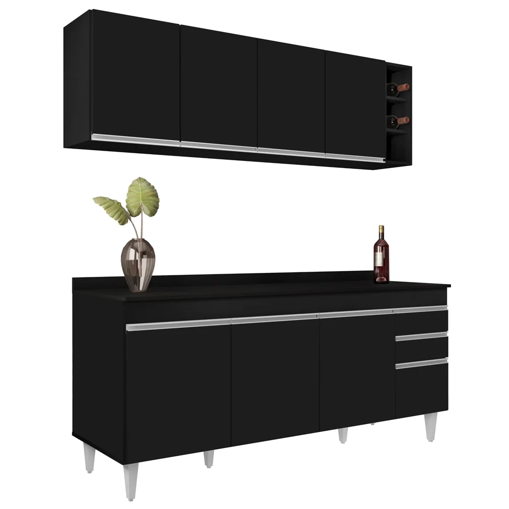 Armário Aéreo Nevada e Balcão 180cm com Tampo Dallas Preto - Lumil