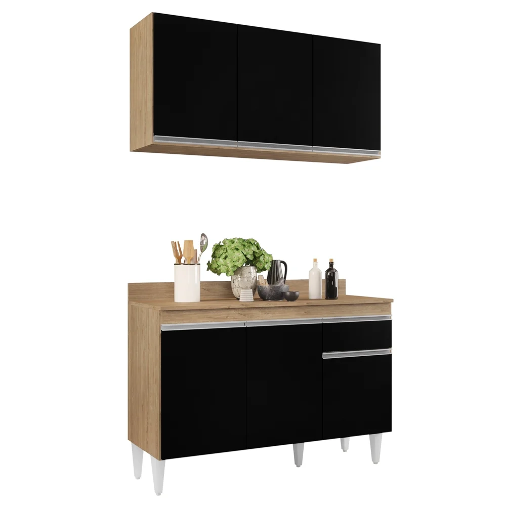 Armário Aéreo Virgínia e Balcão com Tampo 120cm Arizona Castanho/Preto - Lumil