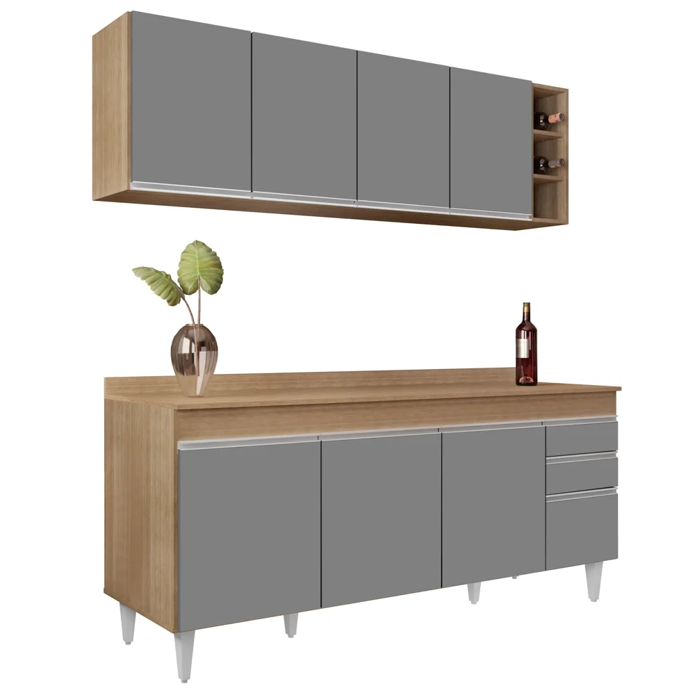 Armário Aéreo Nevada e Balcão 180cm com Tampo Dallas Castanho/Cza - Lumil