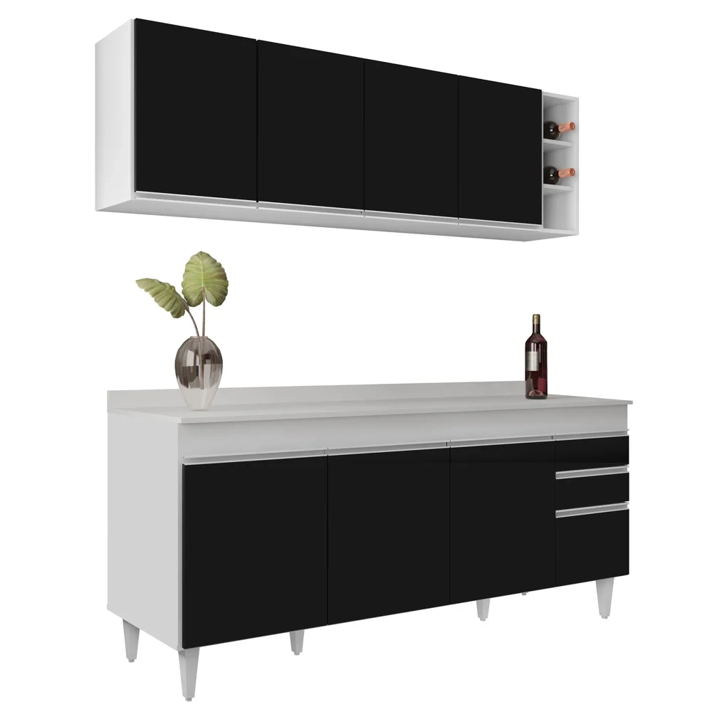 Armário Aéreo Nevada e Balcão 180cm com Tampo Dallas Branco/Preto - Lumil