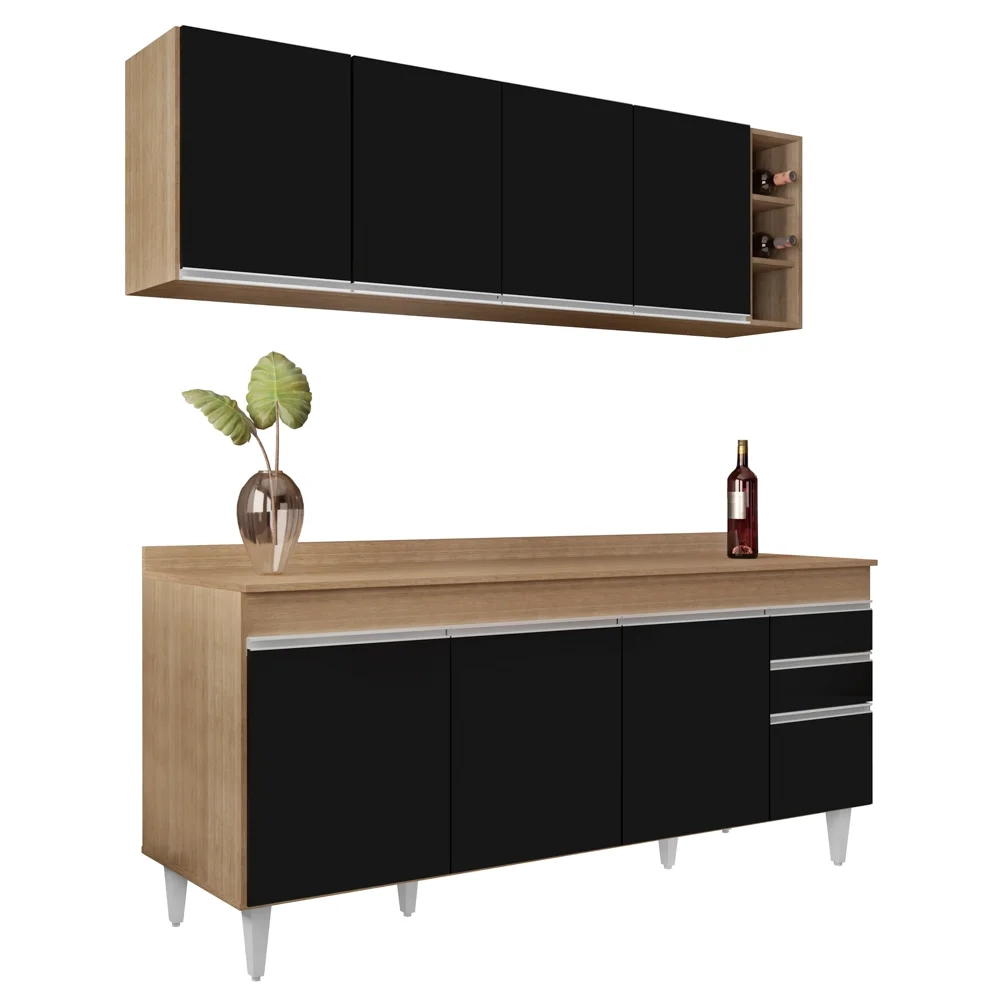 Armário Aéreo Nevada e Balcão 180cm com Tampo Dallas Castanho/Pto - Lumil