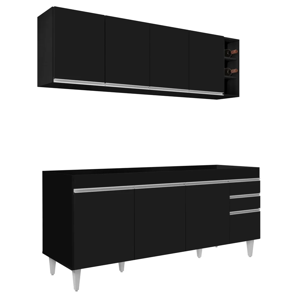 Armário Aéreo Nevada e Balcão para Pia 180cm Dallas Preto - Lumil