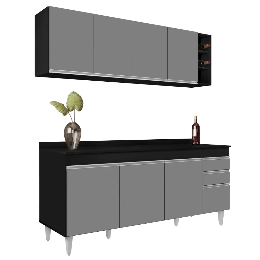 Armário Aéreo Nevada e Balcão 180cm com Tampo Dallas Preto/Cinza - Lumil