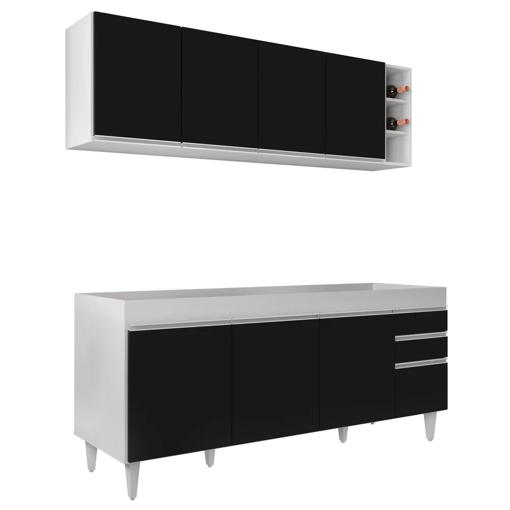 Armário Aéreo Nevada e Balcão para Pia 180cm Dallas Branco/Preto - Lumil