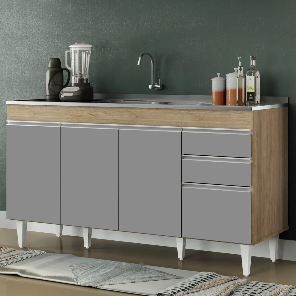 Balcão Gabinete com Pia Inox 150cm Marrocos Castanho/Cinza - Lumil