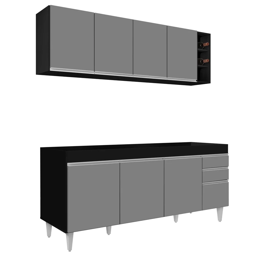 Armário Aéreo Nevada e Balcão para Pia 180cm Dallas Preto/Cinza - Lumil