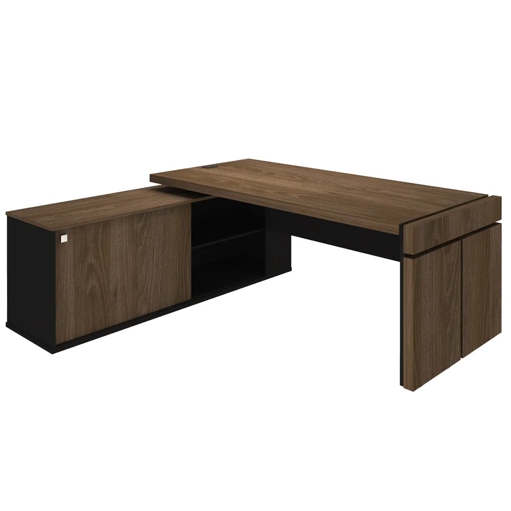 Mesa Diretor em L com Tomada Tamburato A06 Marrom/Preto - Mpozenato