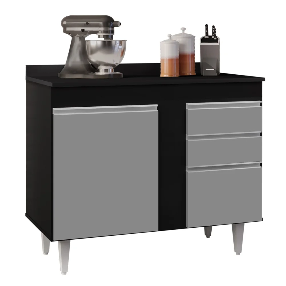 Balcão Gabinete 100cm com Tampo 2 Portas Luziania Preto/Cinza - Lumil