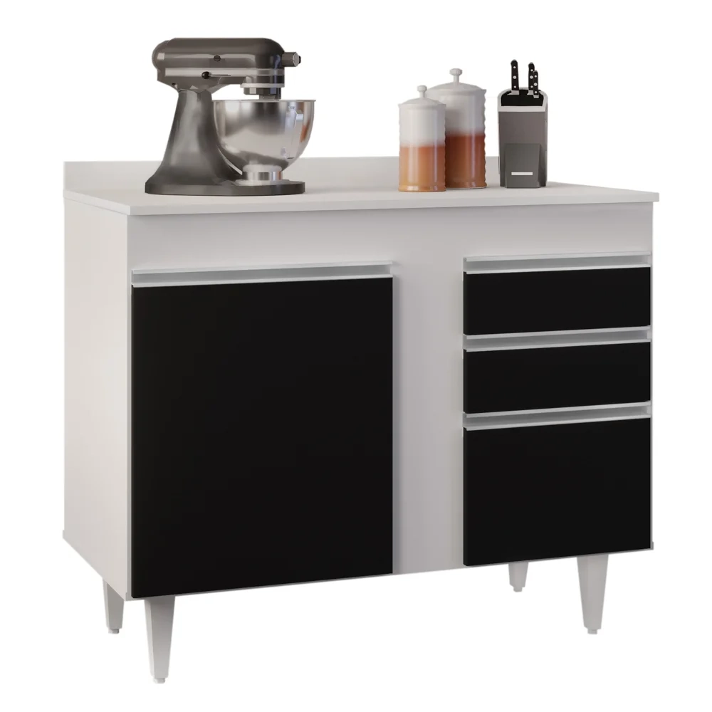 Balcão Gabinete 100cm com Tampo 2 Portas Luziania Preto/Branco - Lumil