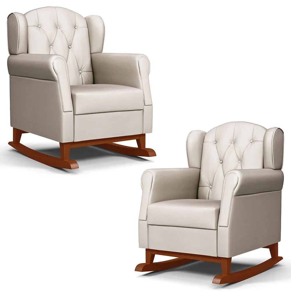 Kit 02 Poltronas Amamentação Base Madeira Balanço Lucy Z39 Sintético Bege - Mpozenato