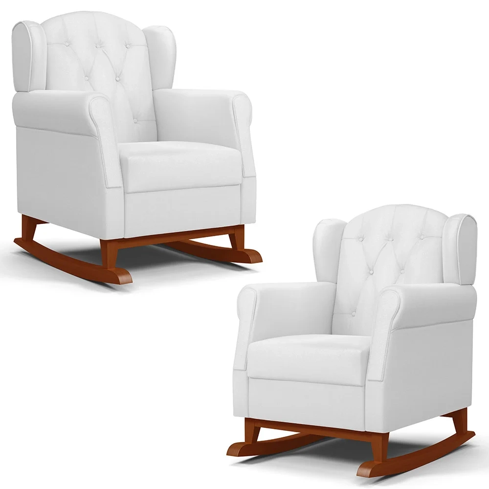 Kit 02 Poltronas Amamentação Base Madeira Balanço Lucy Z39 Sintético Branco - Mpozenato