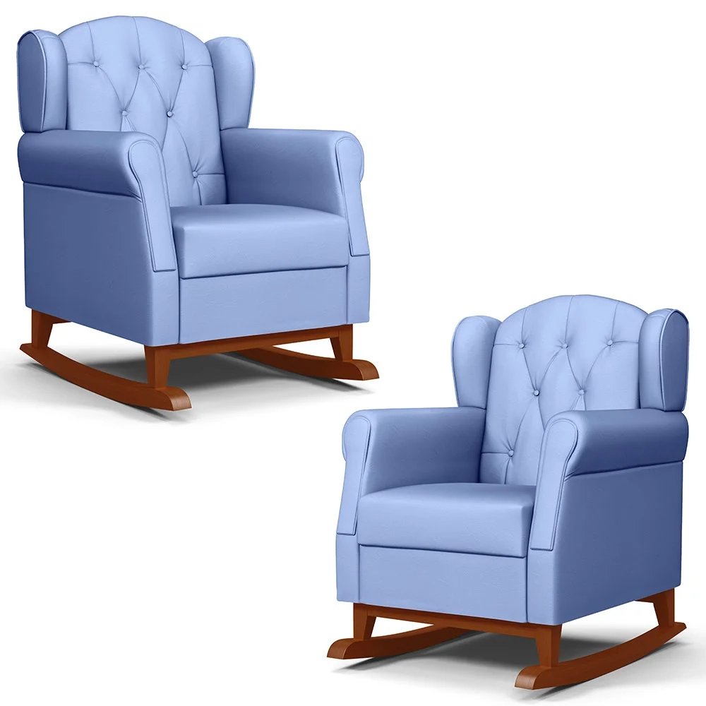 Kit 02 Poltronas Amamentação Base Madeira Balanço Lucy Z39 Sintético Azul - Mpozenato