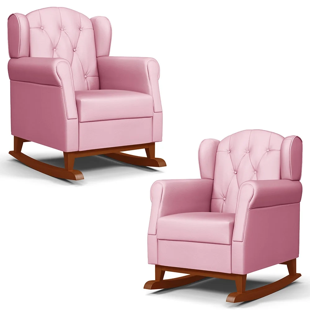Kit 02 Poltronas Amamentação Base Madeira Balanço Lucy Z39 Sintético Rosa - Mpozenato