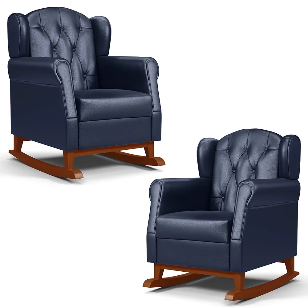 Kit 02 Poltronas Amamentação Base Madeira Balanço Lucy Z39 Sintético Azul Marinho - Mpozenato