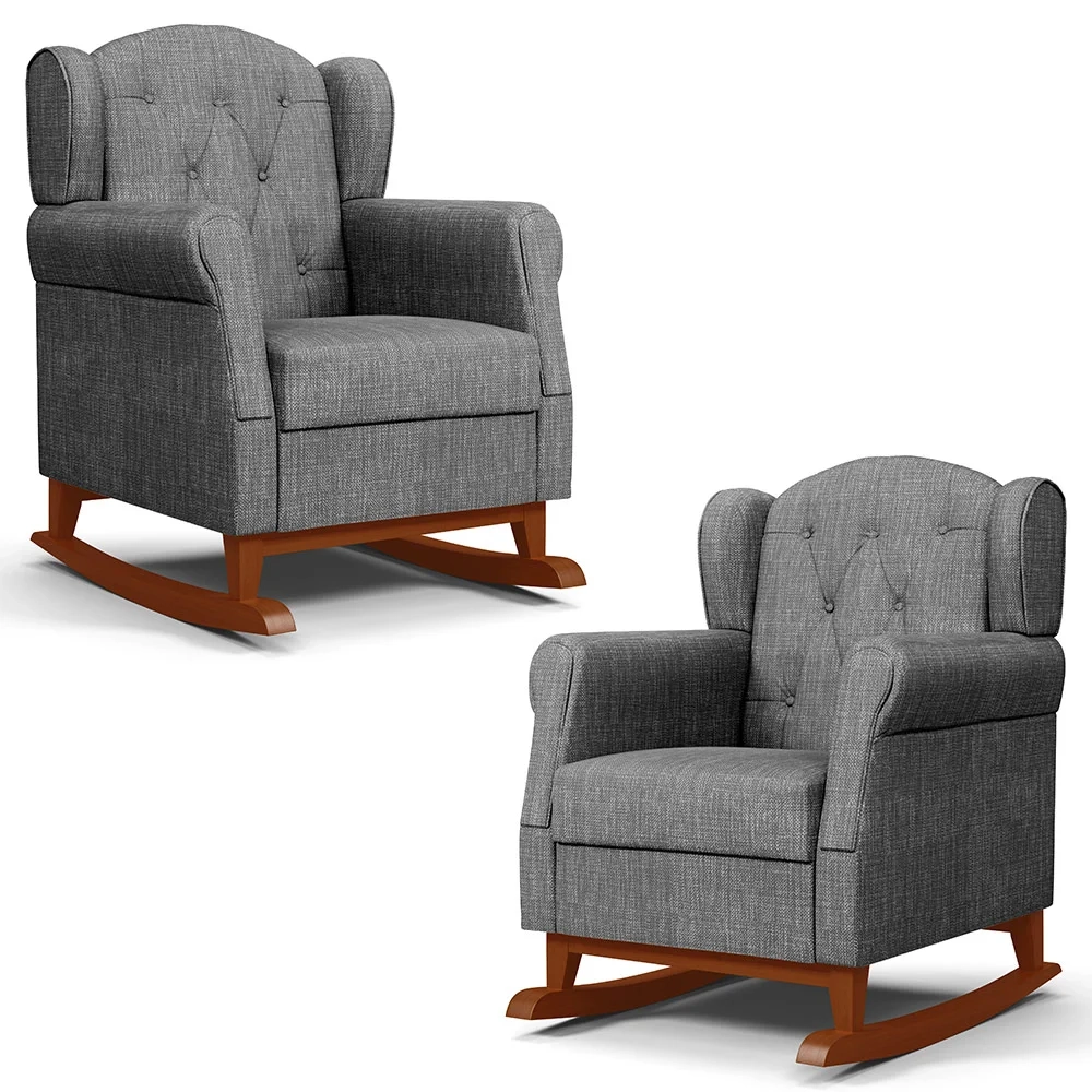 Kit 02 Poltronas Amamentação Base Madeira Balanço Lucy Z39 Linho Cinza Escuro - Mpozenato
