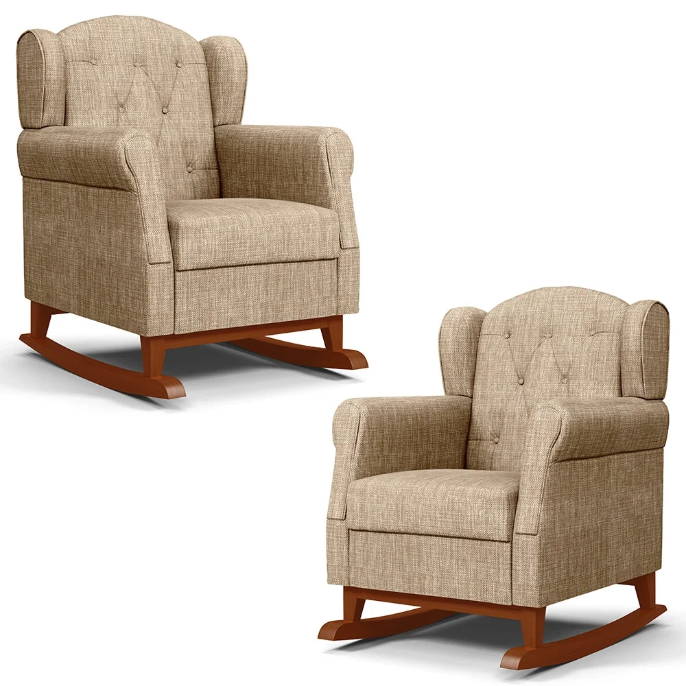 Kit 02 Poltronas Amamentação Base Madeira Balanço Lucy Z39 Linho Bege Escuro - Mpozenato