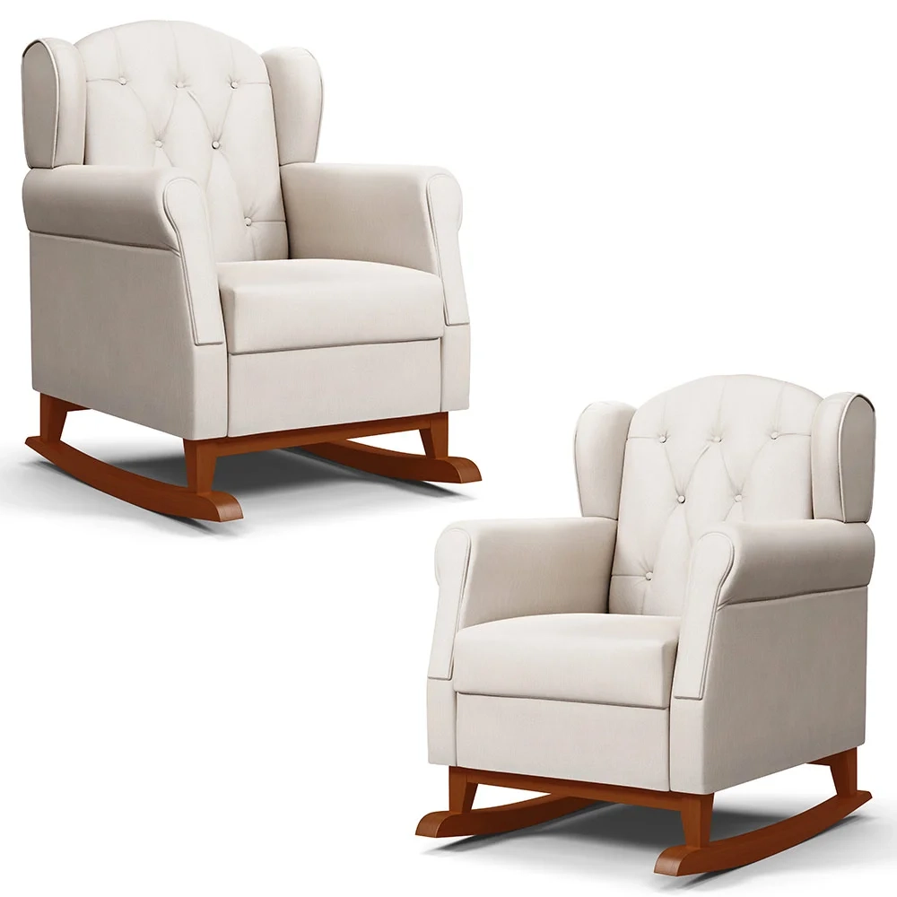 Kit 02 Poltronas Amamentação Base Madeira Balanço Lucy Z39 Suede Bege - Mpozenato