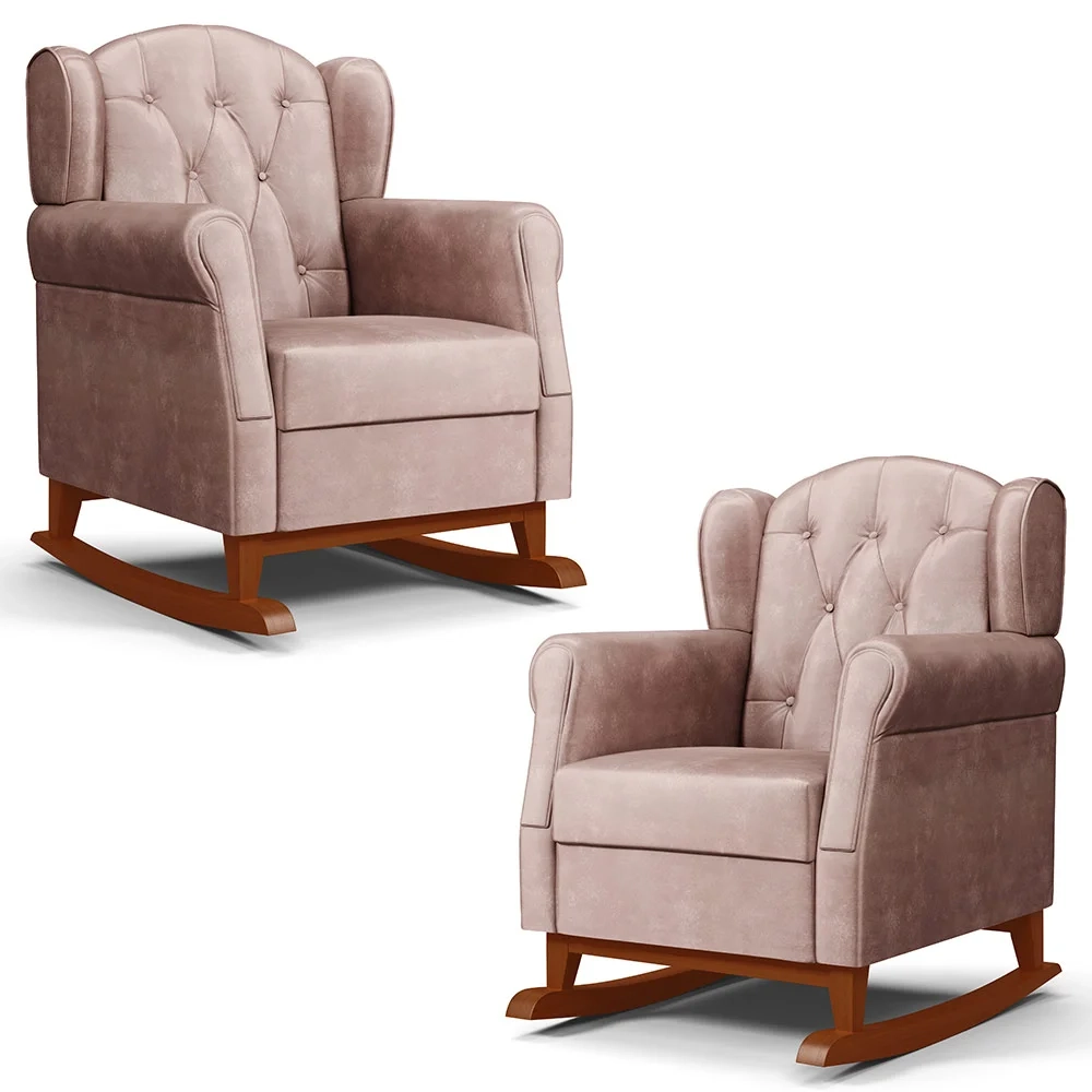 Kit 02 Poltronas Amamentação Base Madeira Balanço Lucy Z39 Veludo Rosê - Mpozenato