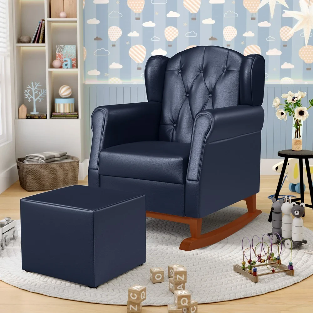 Poltrona Amamentação Base Madeira Balanço e Puff Lucy Z39 Sintético Azul Marinho - Mpozenato
