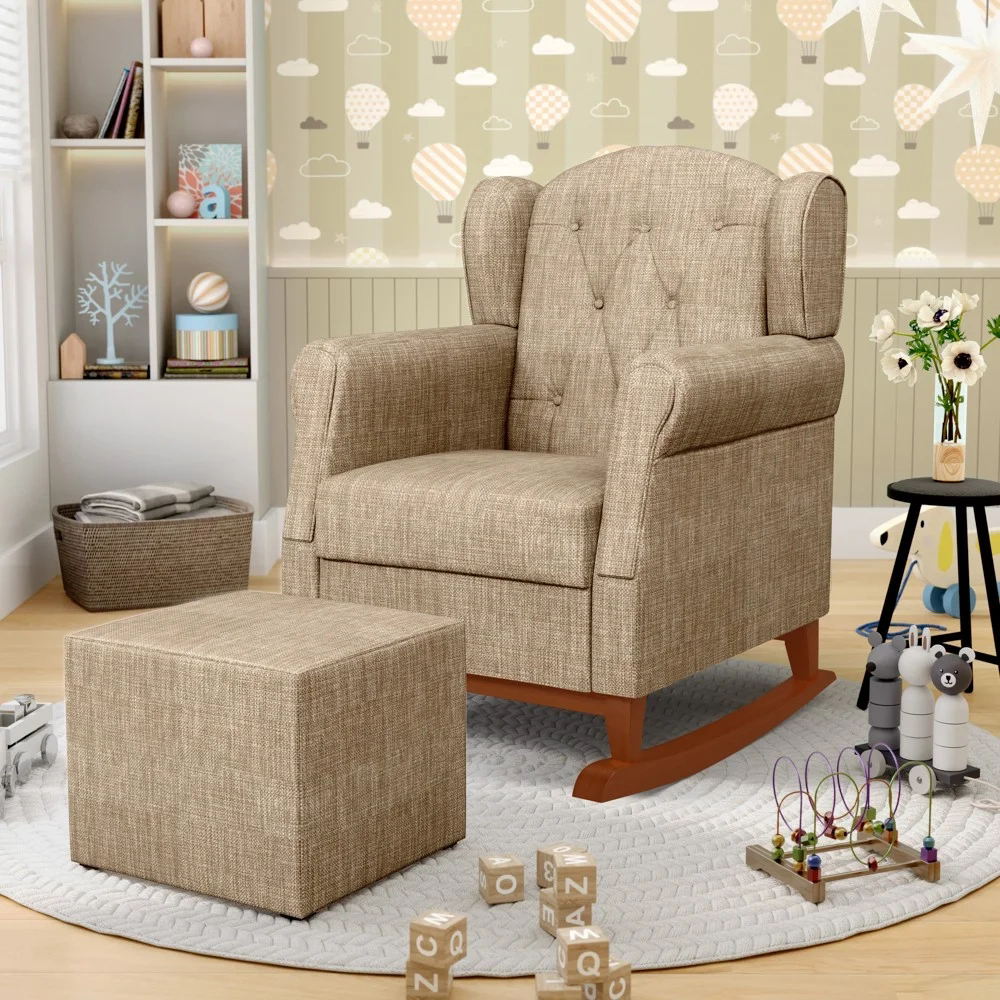 Poltrona Amamentação Base Madeira Balanço e Puff Lucy Z39 Linho Bege Escuro - Mpozenato