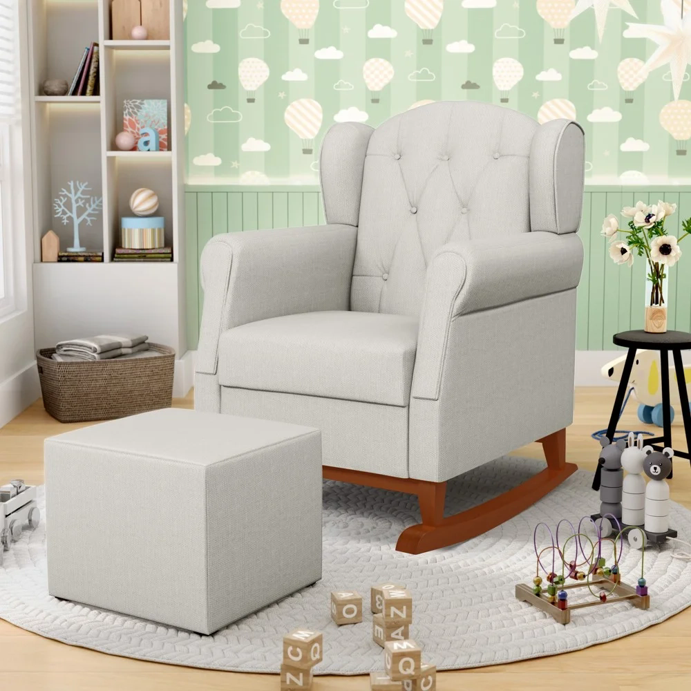 Poltrona Amamentação Base Madeira Balanço e Puff Lucy Z39 Linho Off White - Mpozenato