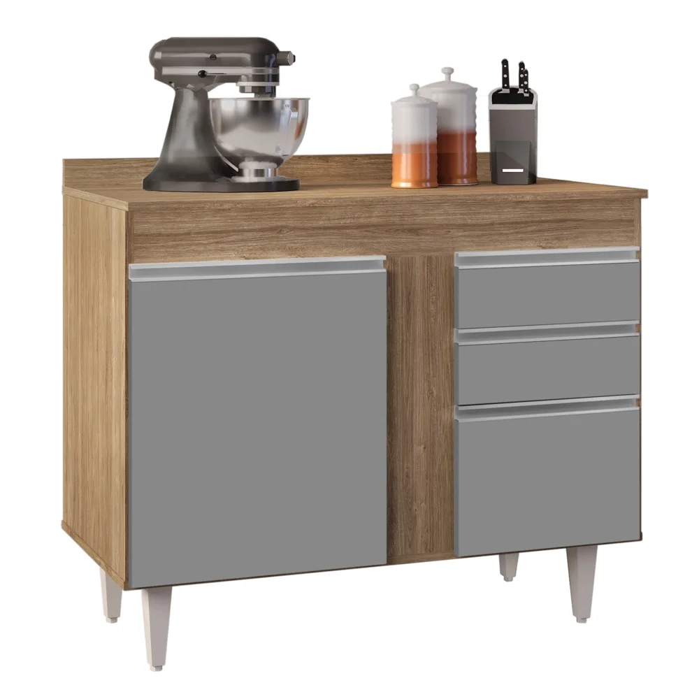 Balcão Gabinete 100cm com Tampo 2 Portas Luziania Castanho/Cinza - Lumil