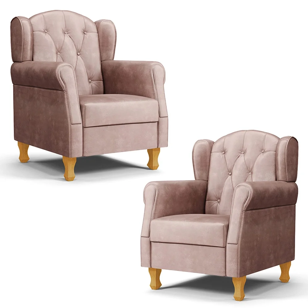 Kit 02 Poltronas de Amamentação Pés Madeira Lucy Z39 Veludo Rosê - Mpozenato