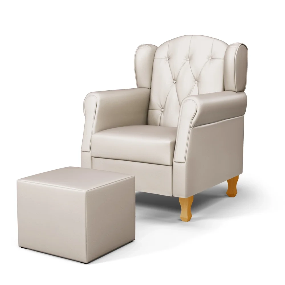 Poltrona de Amamentação Pés Madeira e Puff Lucy Z39 Sintético Bege - Mpozenato