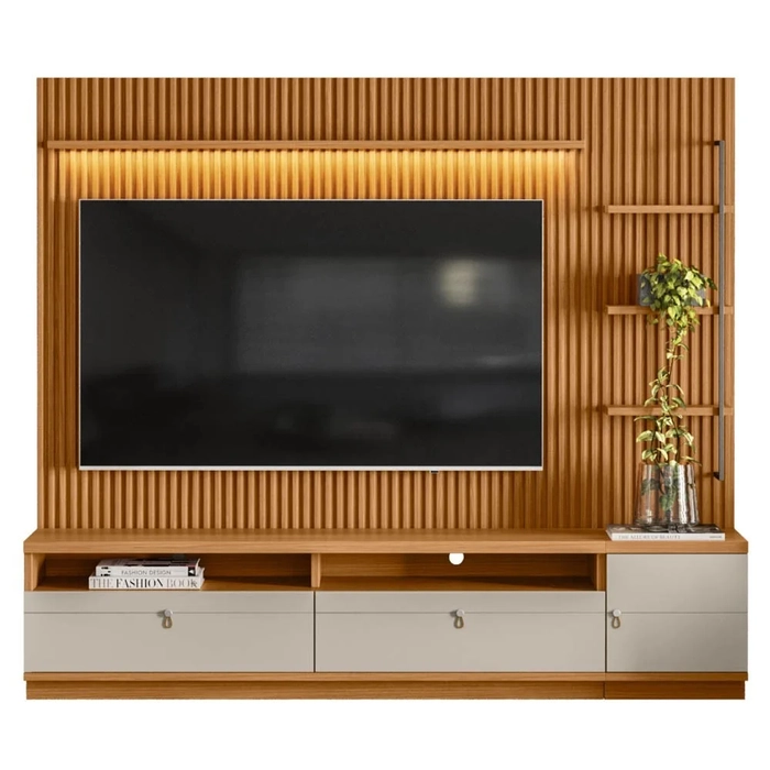 Rack com Painel Ripado para TV 75 Pol. 224cm Golden L06 Nature/Off White - Mpozenato
