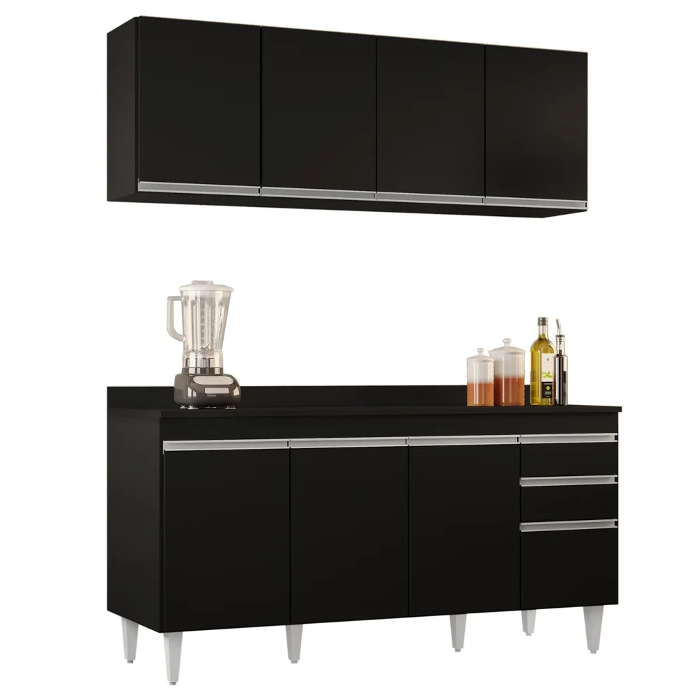 Armário Aéreo Nevada e Balcão para Pia com Tampo 160cm Arkansas Preto - Lumil