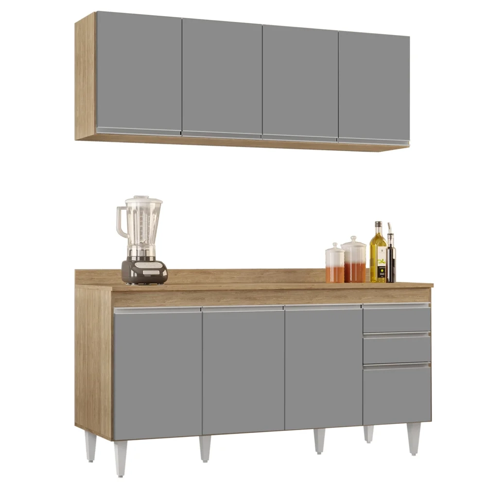 Armário Aéreo Nevada e Balcão para Pia com Tampo 160cm Arkansas Castanho/Cinza - Lumil