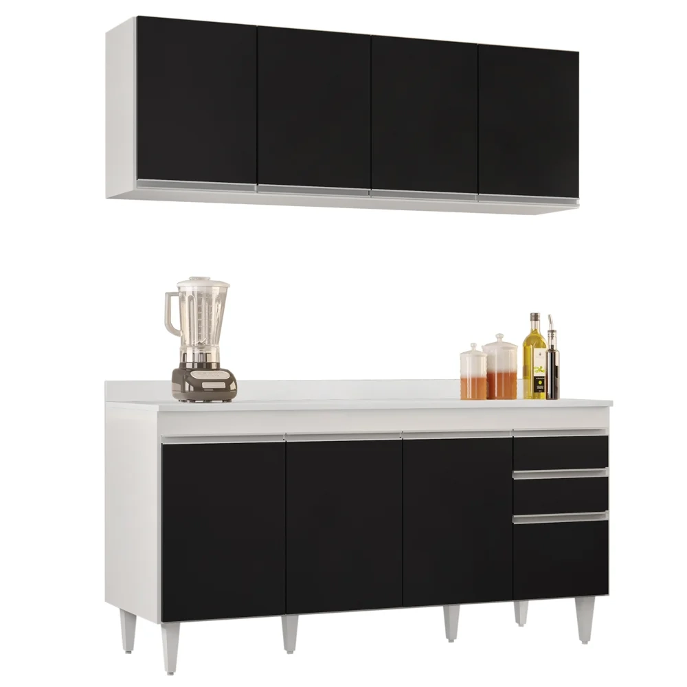 Armário Aéreo Nevada e Balcão para Pia com Tampo 160cm Arkansas Branco/Preto - Lumil