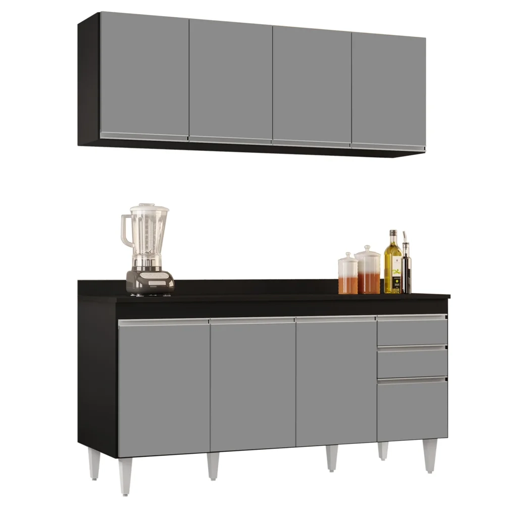 Armário Aéreo Nevada e Balcão para Pia com Tampo 160cm Arkansas Preto/Cinza - Lumil