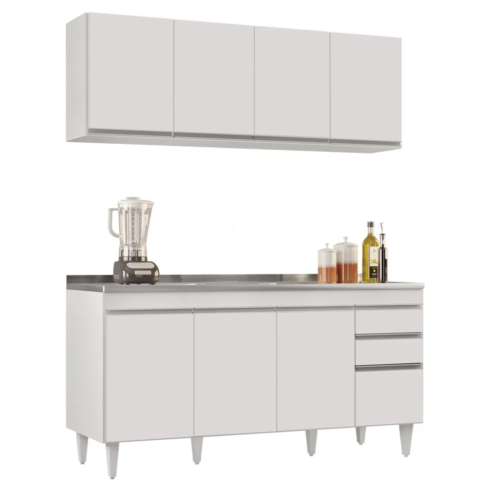 Armário Aéreo Nevada e Balcão Gabinete com Pia 160cm Arkansas Branco - Lumil